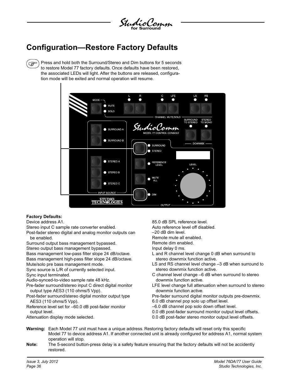 Conﬁguration—restore factory defaults | Studio Technologies 76DA V.4.00 User Manual | Page 36 / 51