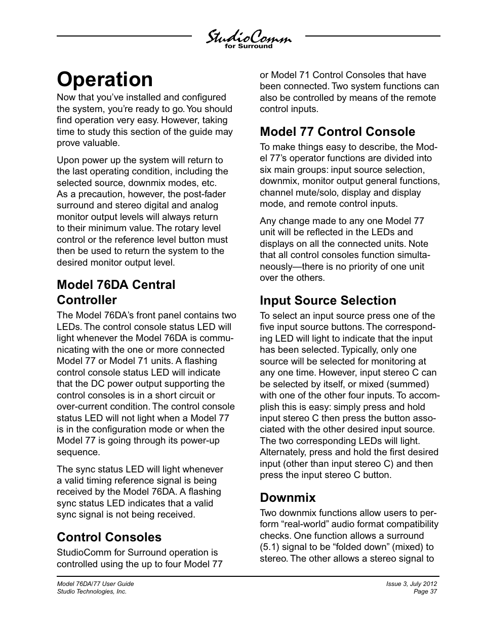 Operation, Model 76da central controller, Control consoles | Model 77 control console, Input source selection, Downmix | Studio Technologies 76DA V.4.00 User Manual | Page 37 / 51