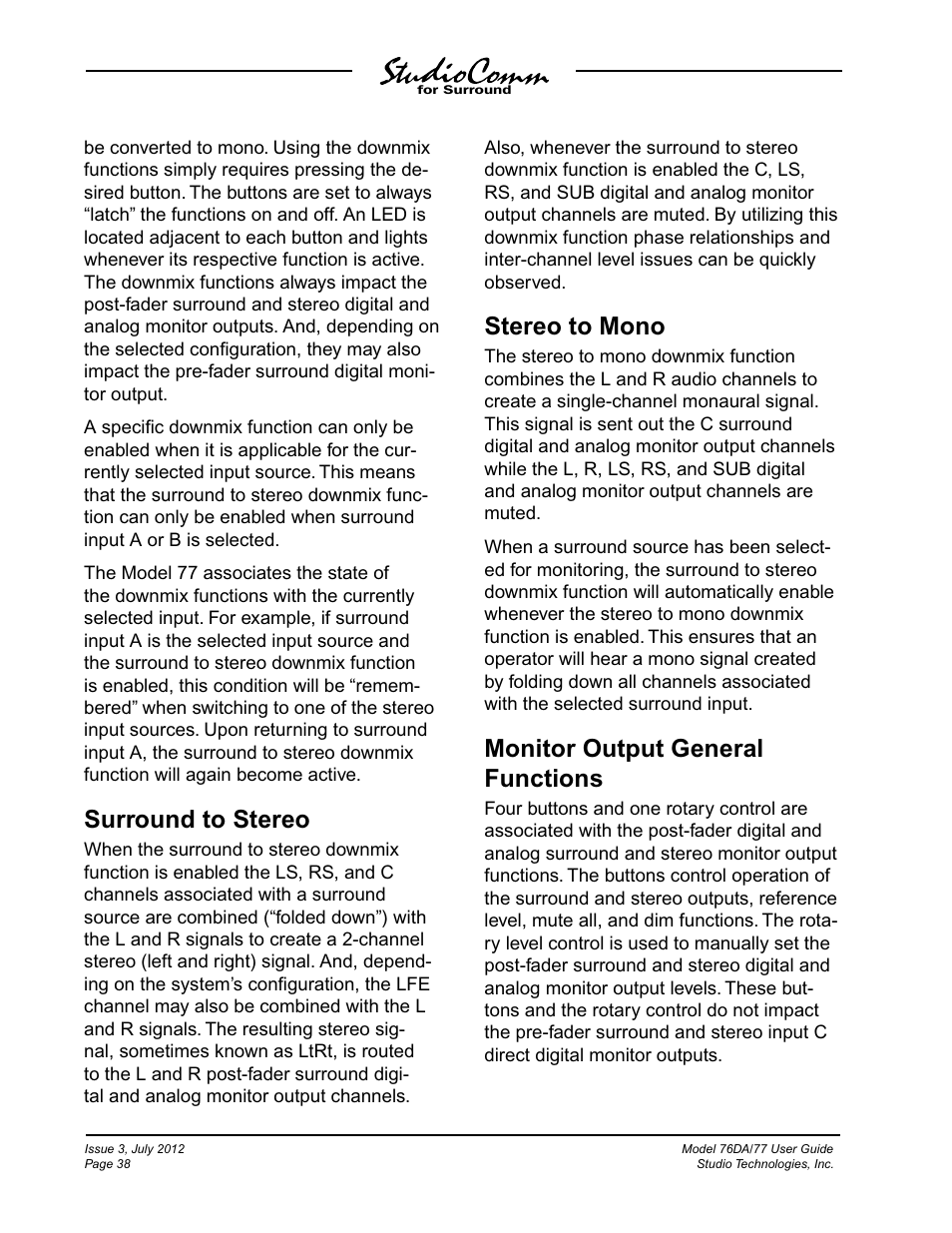 Surround to stereo, Stereo to mono, Monitor output general functions | Studio Technologies 76DA V.4.00 User Manual | Page 38 / 51