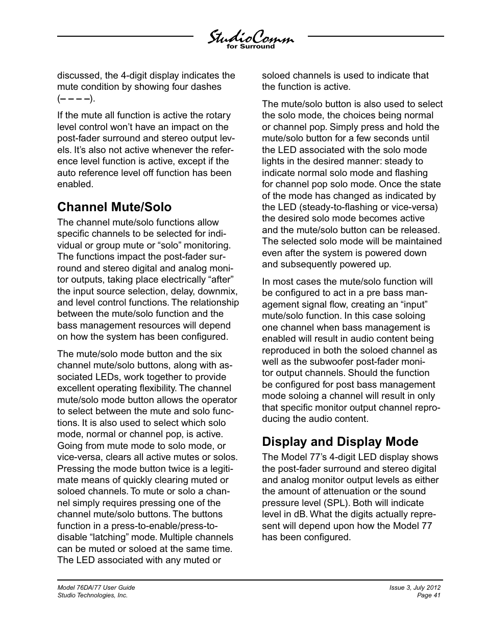 Channel mute/solo, Display and display mode | Studio Technologies 76DA V.4.00 User Manual | Page 41 / 51