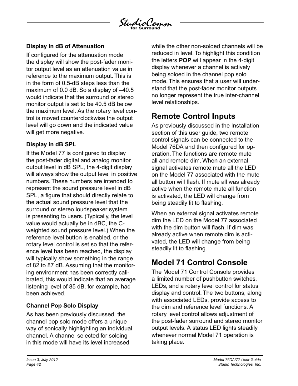 Remote control inputs, Model 71 control console | Studio Technologies 76DA V.4.00 User Manual | Page 42 / 51