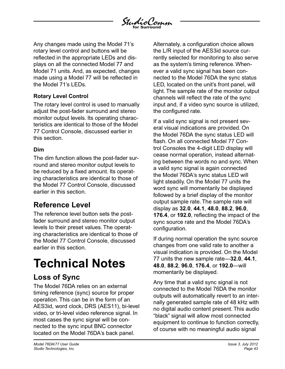 Technical notes, Reference level, Loss of sync | Studio Technologies 76DA V.4.00 User Manual | Page 43 / 51