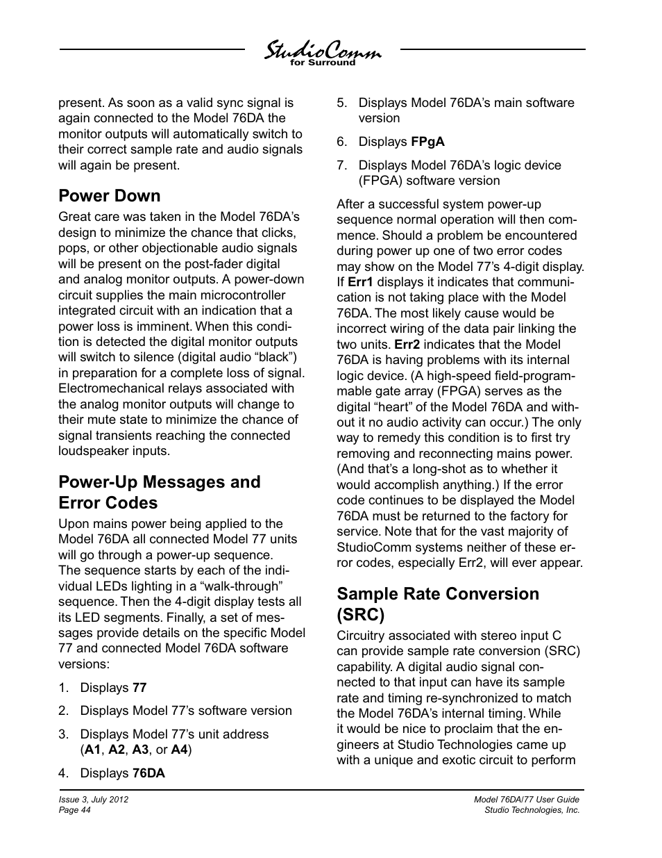 Power down, Power-up messages and error codes, Sample rate conversion (src) | Studio Technologies 76DA V.4.00 User Manual | Page 44 / 51