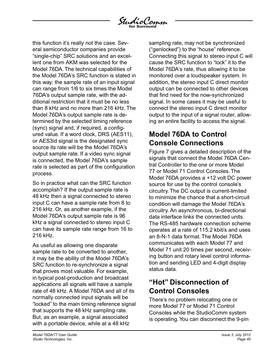 Model 76da to control console connections, Hot” disconnection of control consoles | Studio Technologies 76DA V.4.00 User Manual | Page 45 / 51