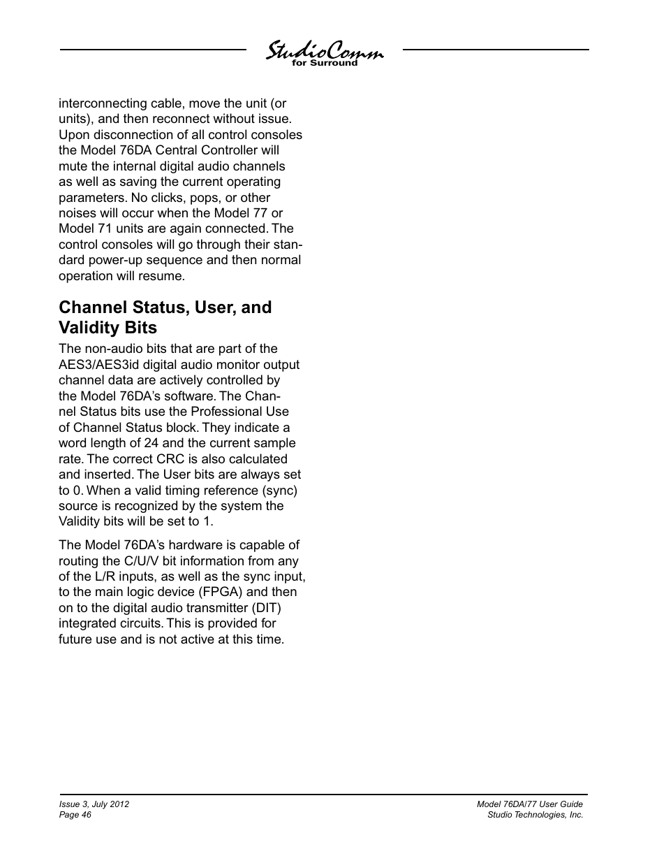 Channel status, user, and validity bits | Studio Technologies 76DA V.4.00 User Manual | Page 46 / 51