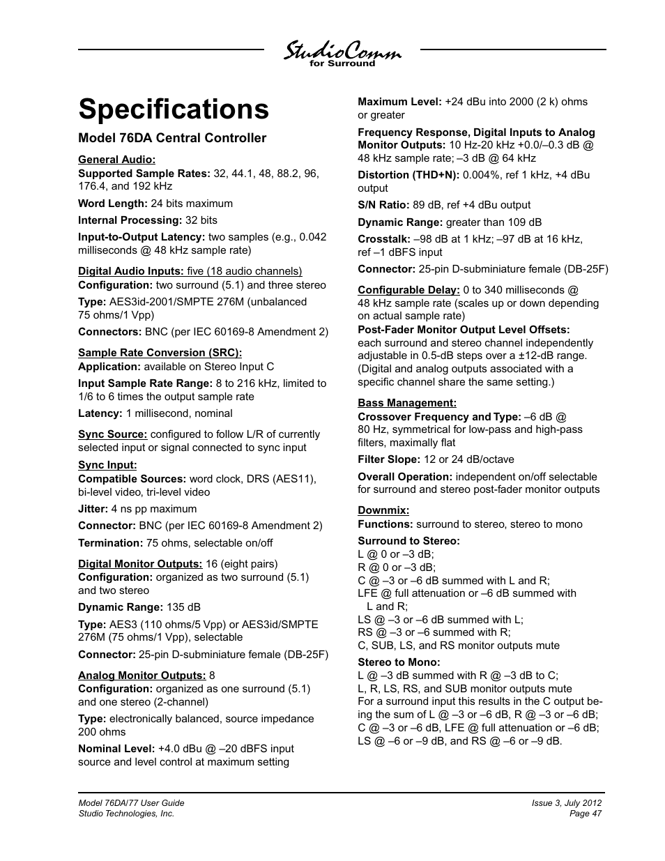 Specifications, Speciﬁcations | Studio Technologies 76DA V.4.00 User Manual | Page 47 / 51