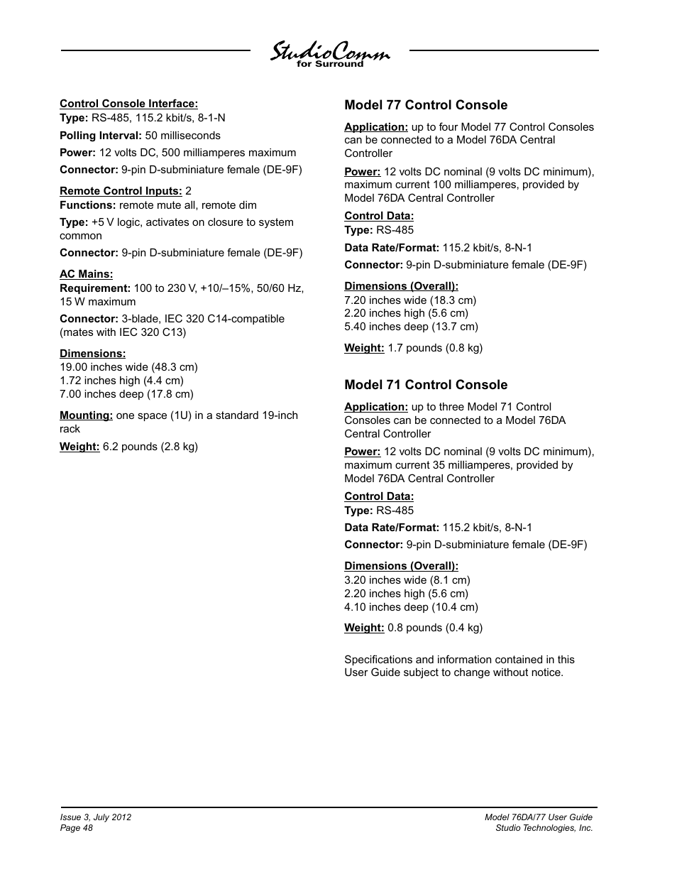 Model 77 control console, Model 71 control console | Studio Technologies 76DA V.4.00 User Manual | Page 48 / 51