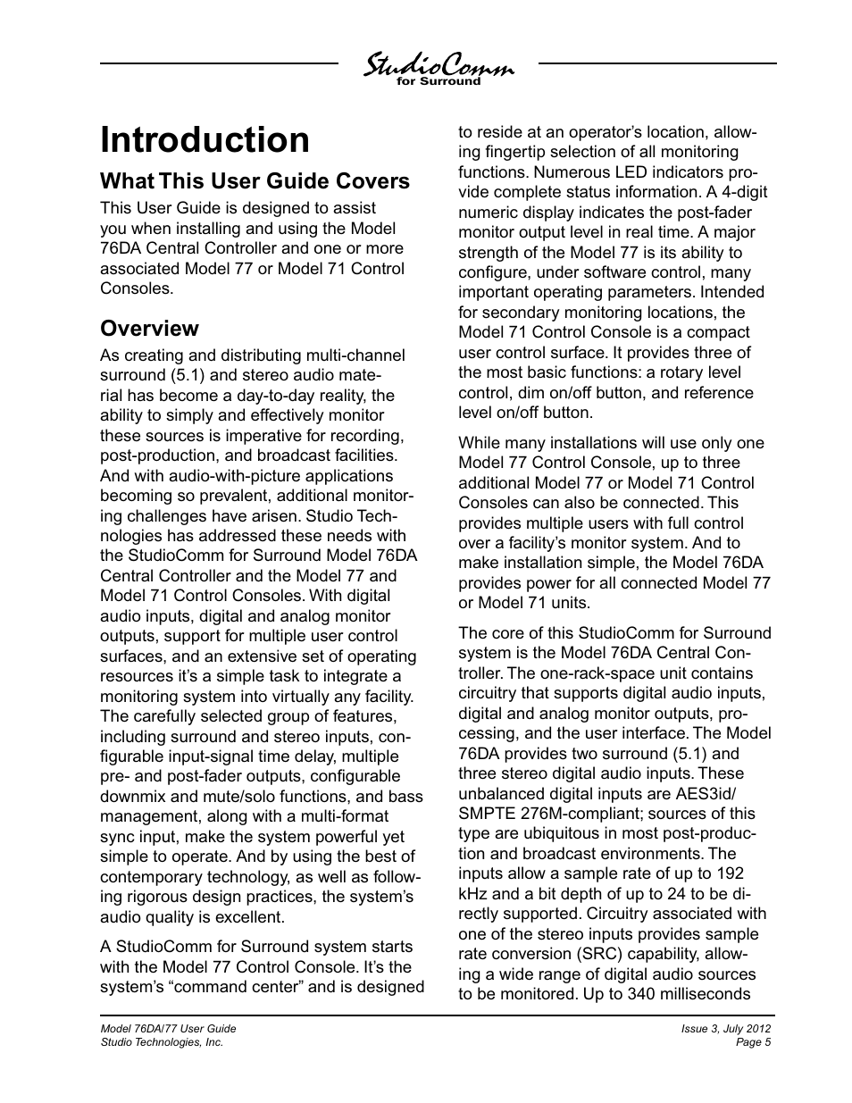 Introduction, What this user guide covers, Overview | Studio Technologies 76DA V.4.00 User Manual | Page 5 / 51