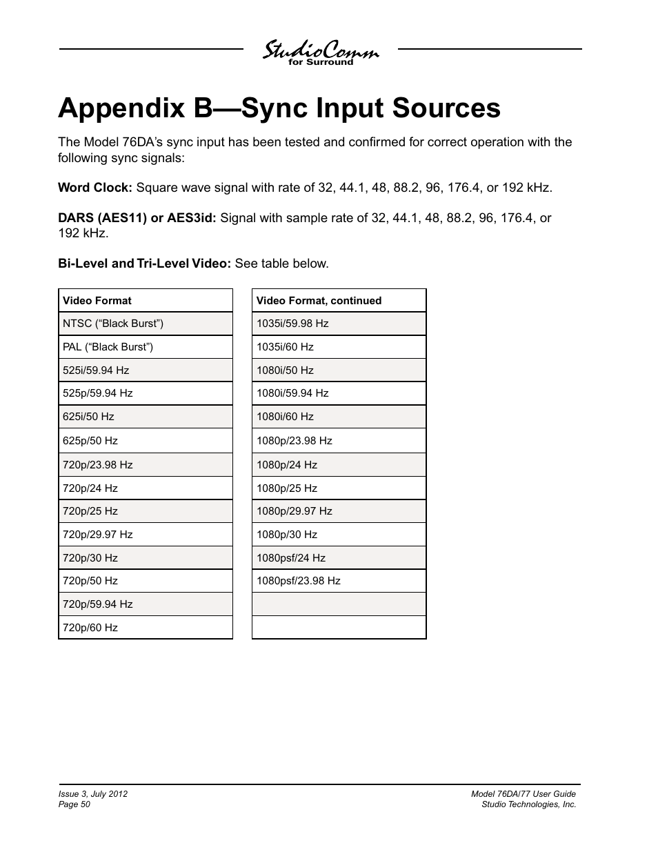 Appendix b—sync input sources | Studio Technologies 76DA V.4.00 User Manual | Page 50 / 51