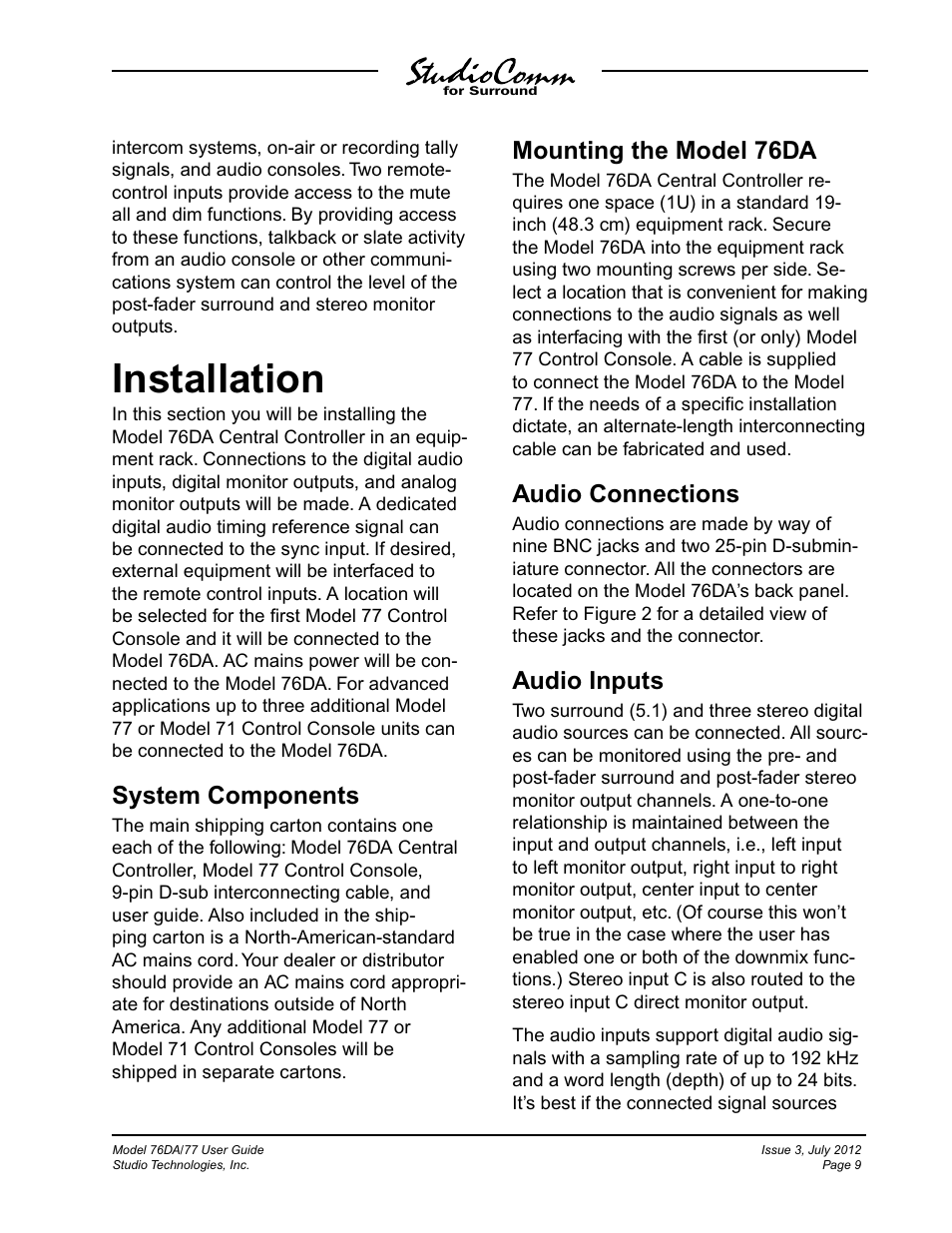 Installation, System components, Mounting the model 76da | Audio connections, Audio inputs | Studio Technologies 76DA V.4.00 User Manual | Page 9 / 51