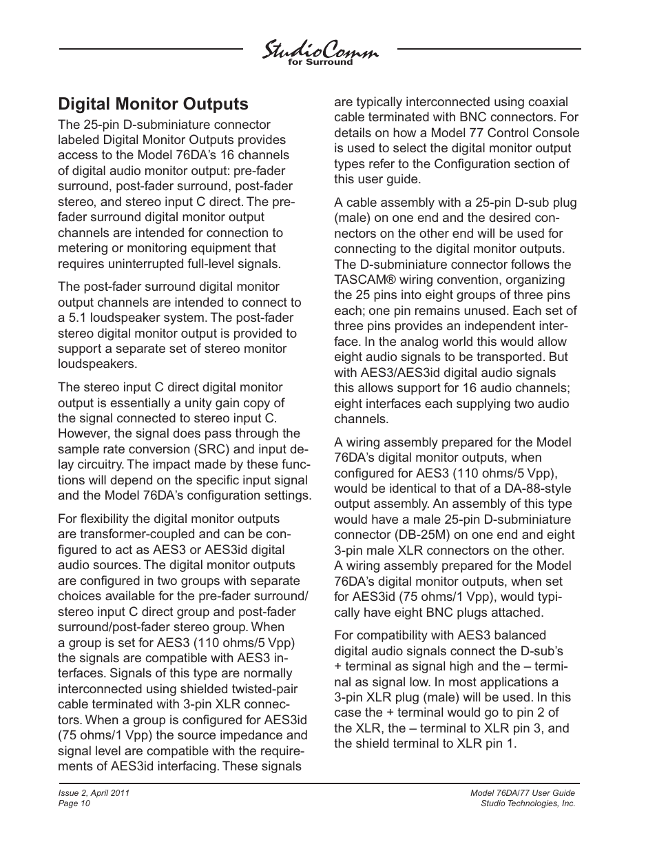 Digital monitor outputs | Studio Technologies 76DA V.3.01 User Manual | Page 10 / 47