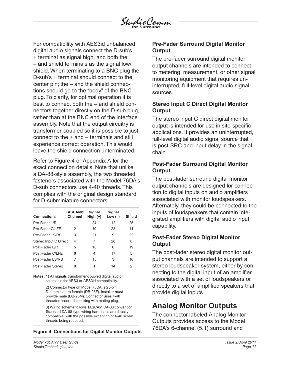 Analog monitor outputs | Studio Technologies 76DA V.3.01 User Manual | Page 11 / 47
