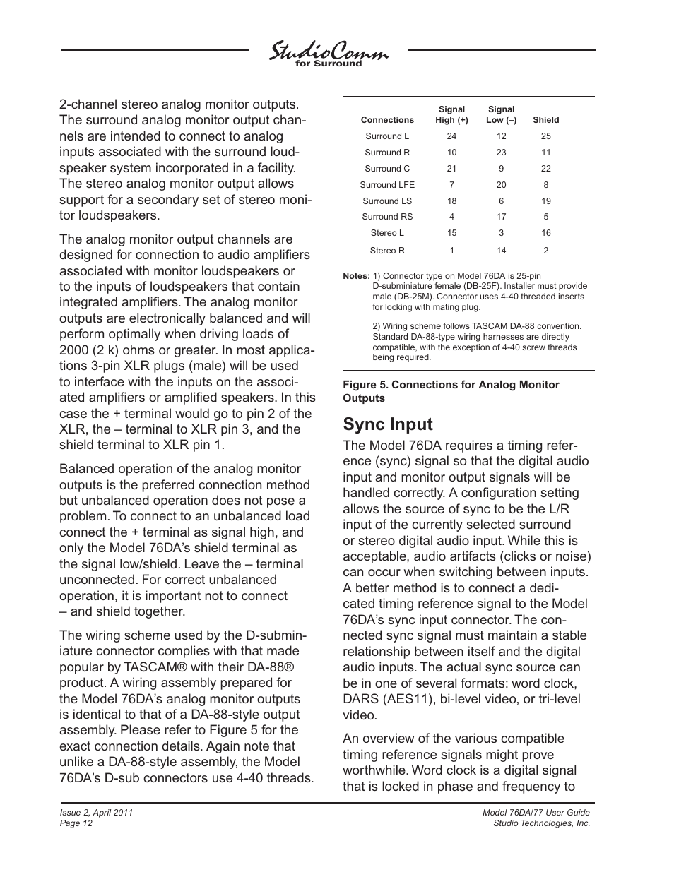 Sync input | Studio Technologies 76DA V.3.01 User Manual | Page 12 / 47
