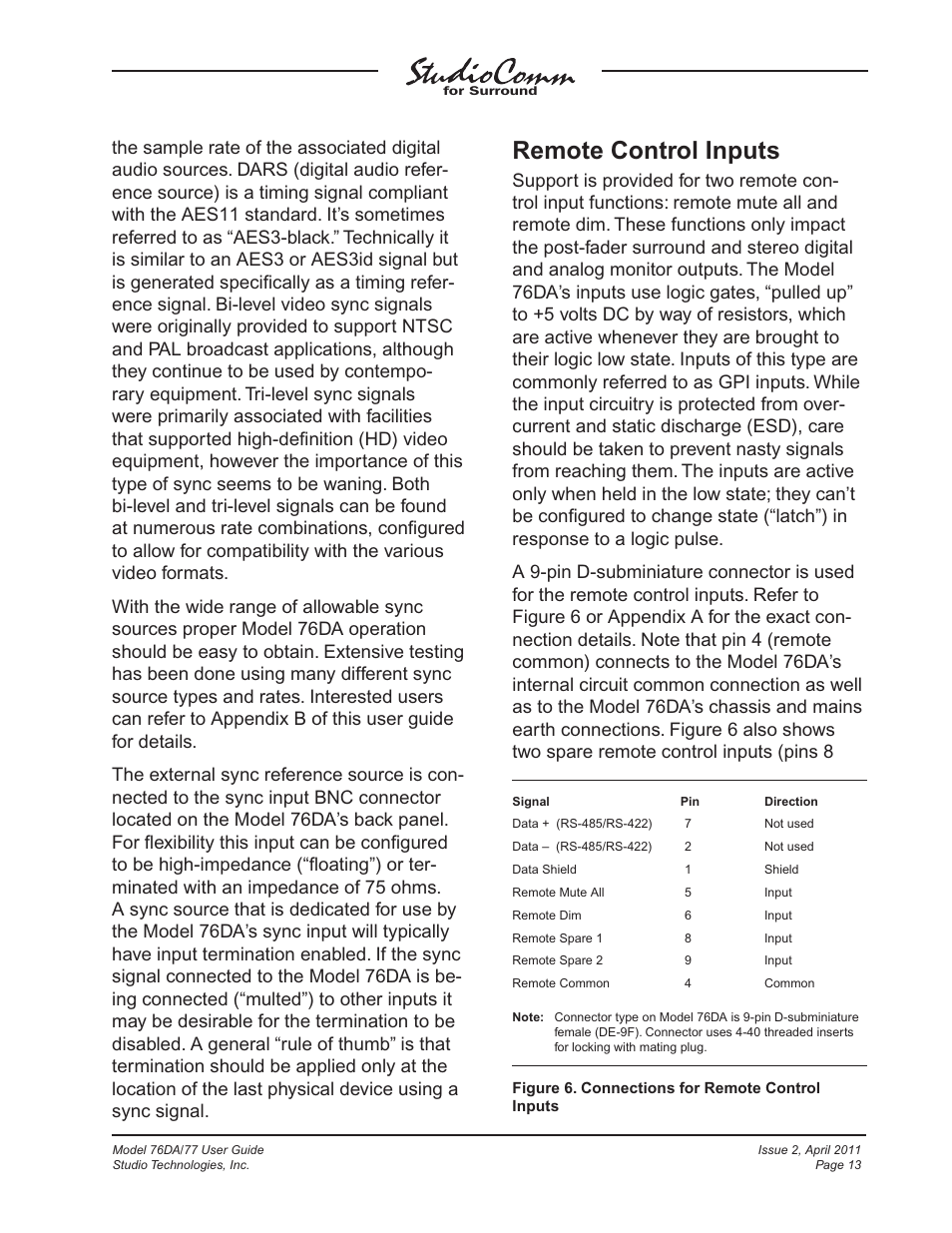 Remote control inputs | Studio Technologies 76DA V.3.01 User Manual | Page 13 / 47