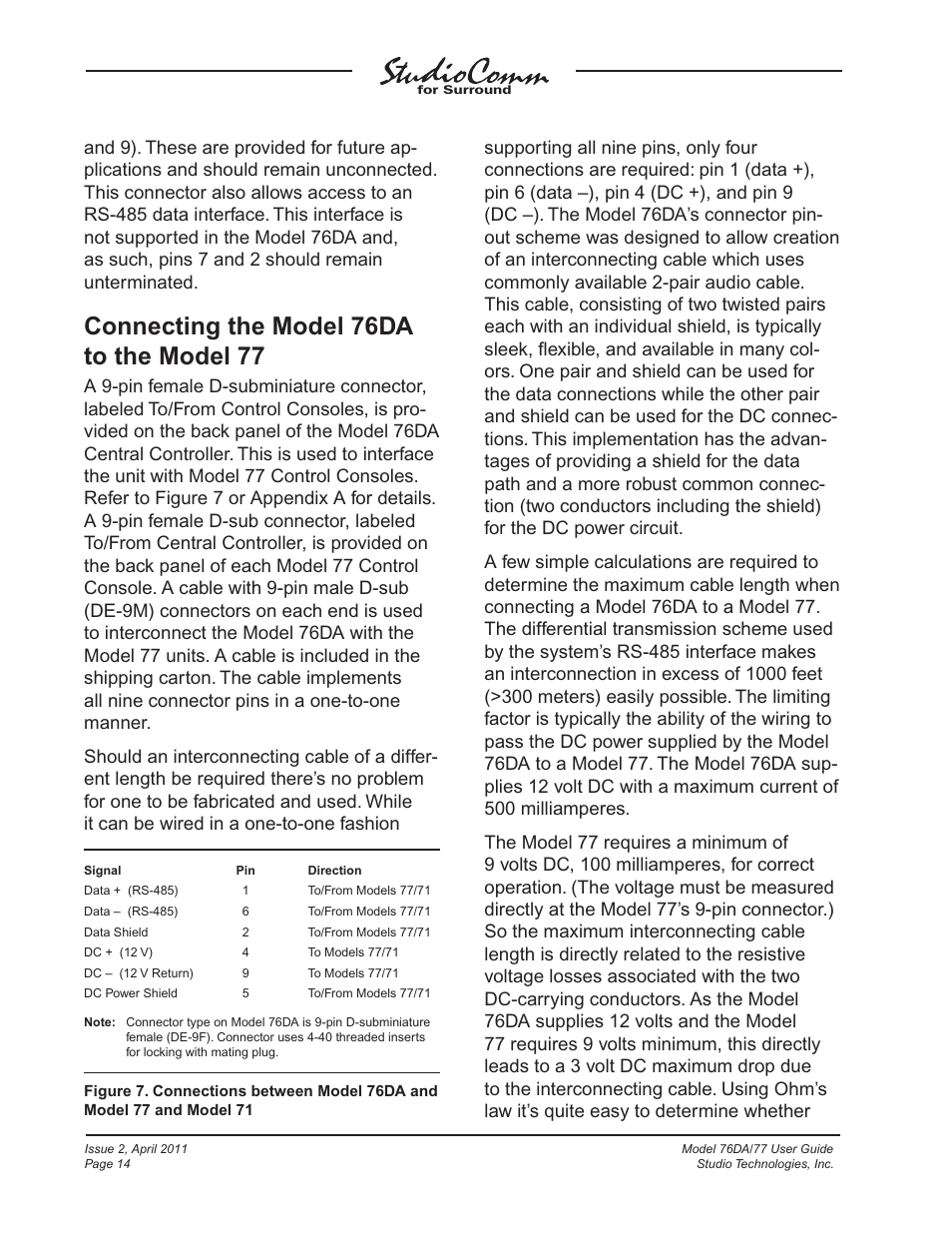 Connecting the model 76da to the model 77 | Studio Technologies 76DA V.3.01 User Manual | Page 14 / 47