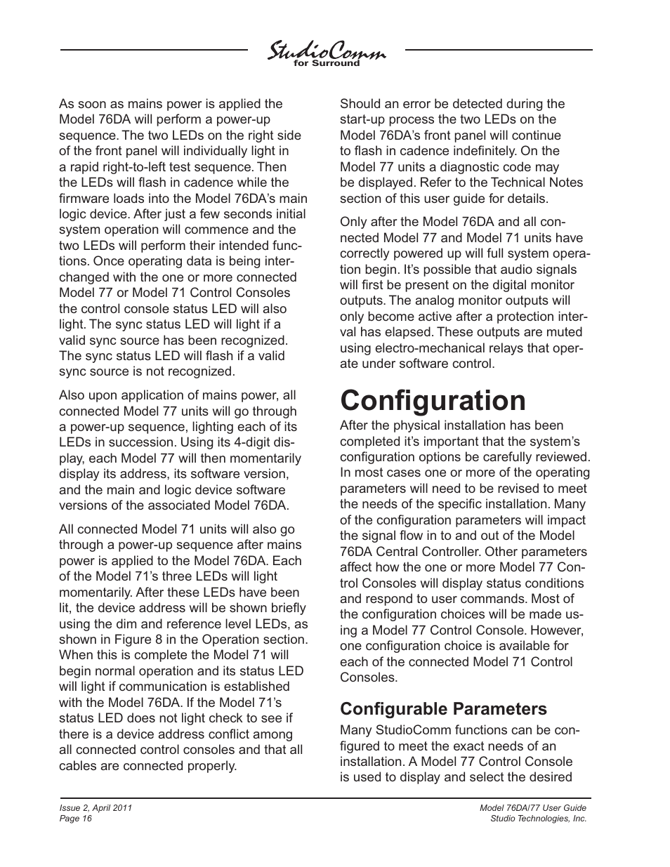 Configuration, Conﬁguration, Conﬁgurable parameters | Studio Technologies 76DA V.3.01 User Manual | Page 16 / 47