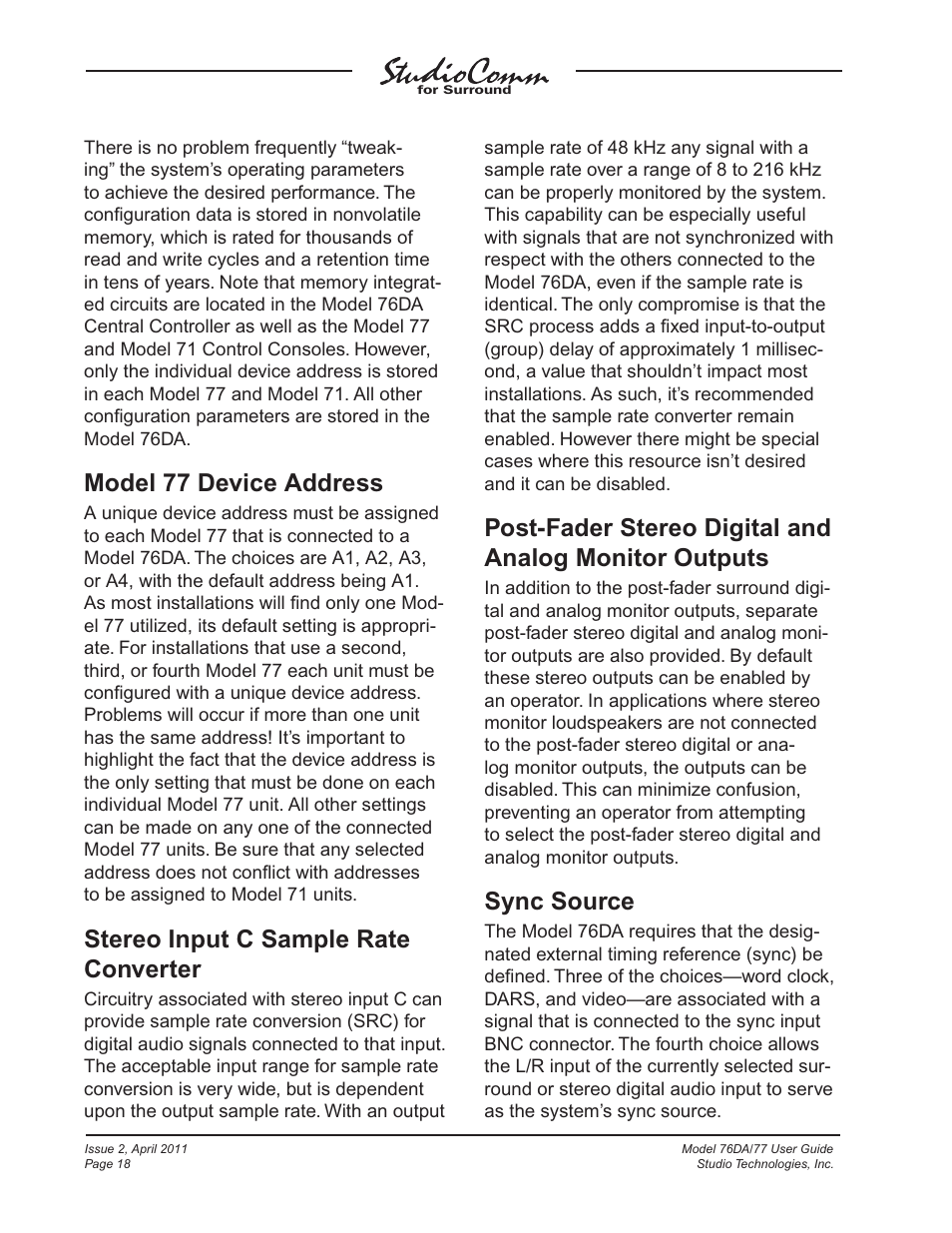 Model 77 device address, Stereo input c sample rate converter, Sync source | Studio Technologies 76DA V.3.01 User Manual | Page 18 / 47
