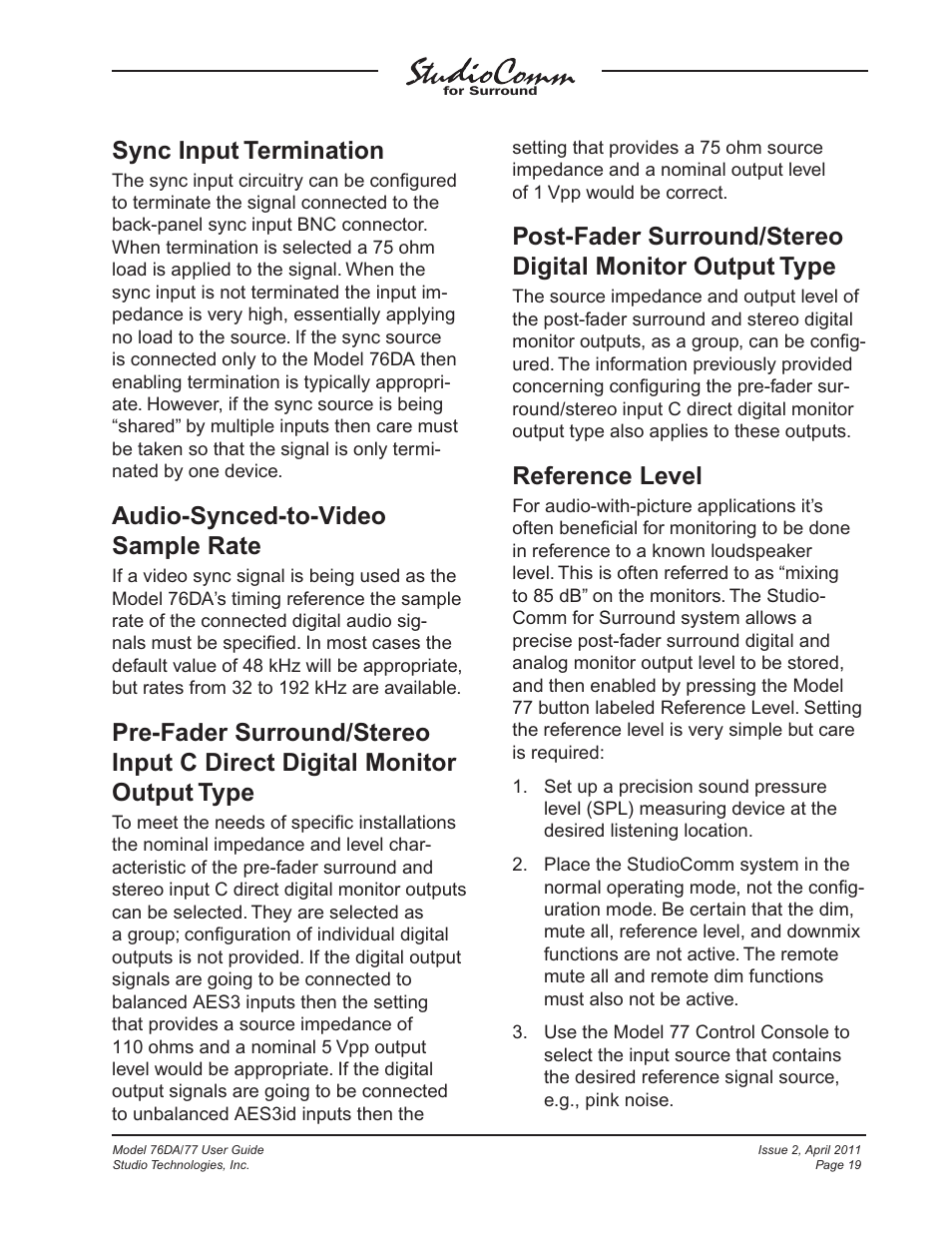 Sync input termination, Audio-synced-to-video sample rate, Reference level | Studio Technologies 76DA V.3.01 User Manual | Page 19 / 47