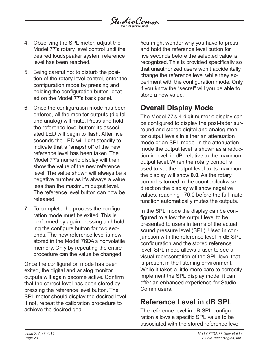 Overall display mode, Reference level in db spl | Studio Technologies 76DA V.3.01 User Manual | Page 20 / 47