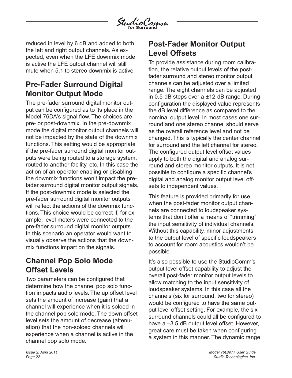 Pre-fader surround digital monitor output mode, Channel pop solo mode offset levels, Post-fader monitor output level offsets | Studio Technologies 76DA V.3.01 User Manual | Page 22 / 47