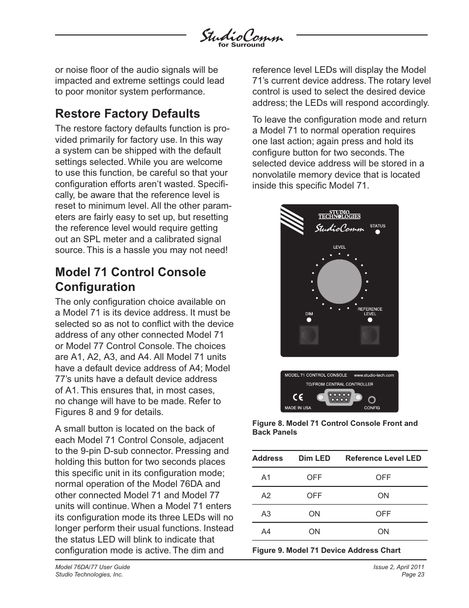 Restore factory defaults, Model 71 control console conﬁguration | Studio Technologies 76DA V.3.01 User Manual | Page 23 / 47