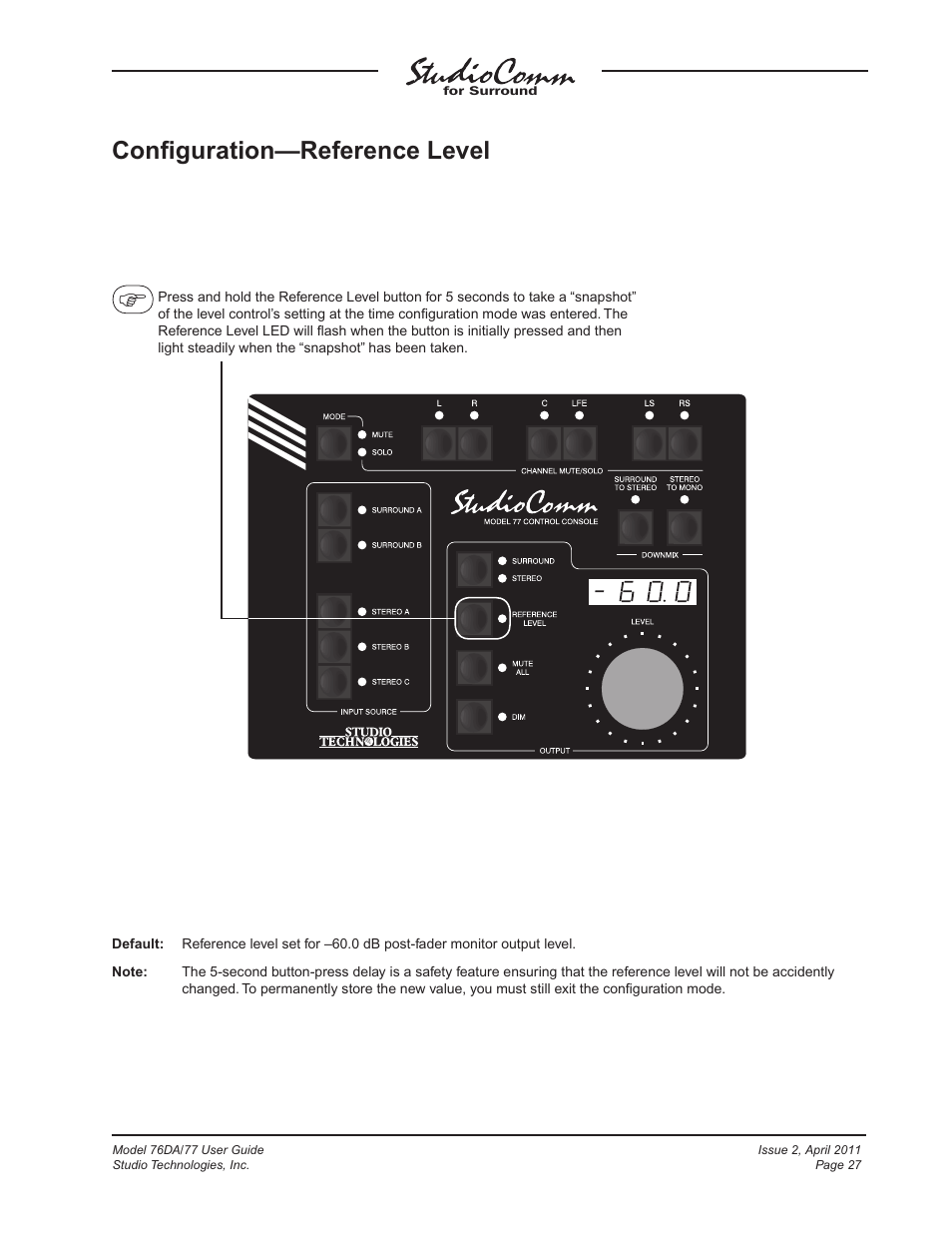 Conﬁguration—reference level | Studio Technologies 76DA V.3.01 User Manual | Page 27 / 47