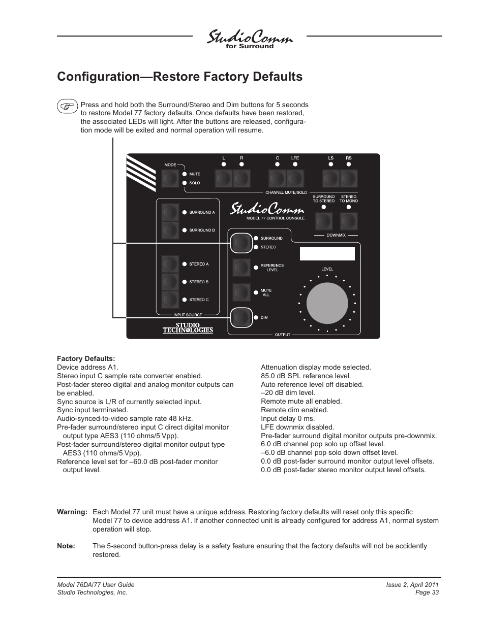 Conﬁguration—restore factory defaults | Studio Technologies 76DA V.3.01 User Manual | Page 33 / 47