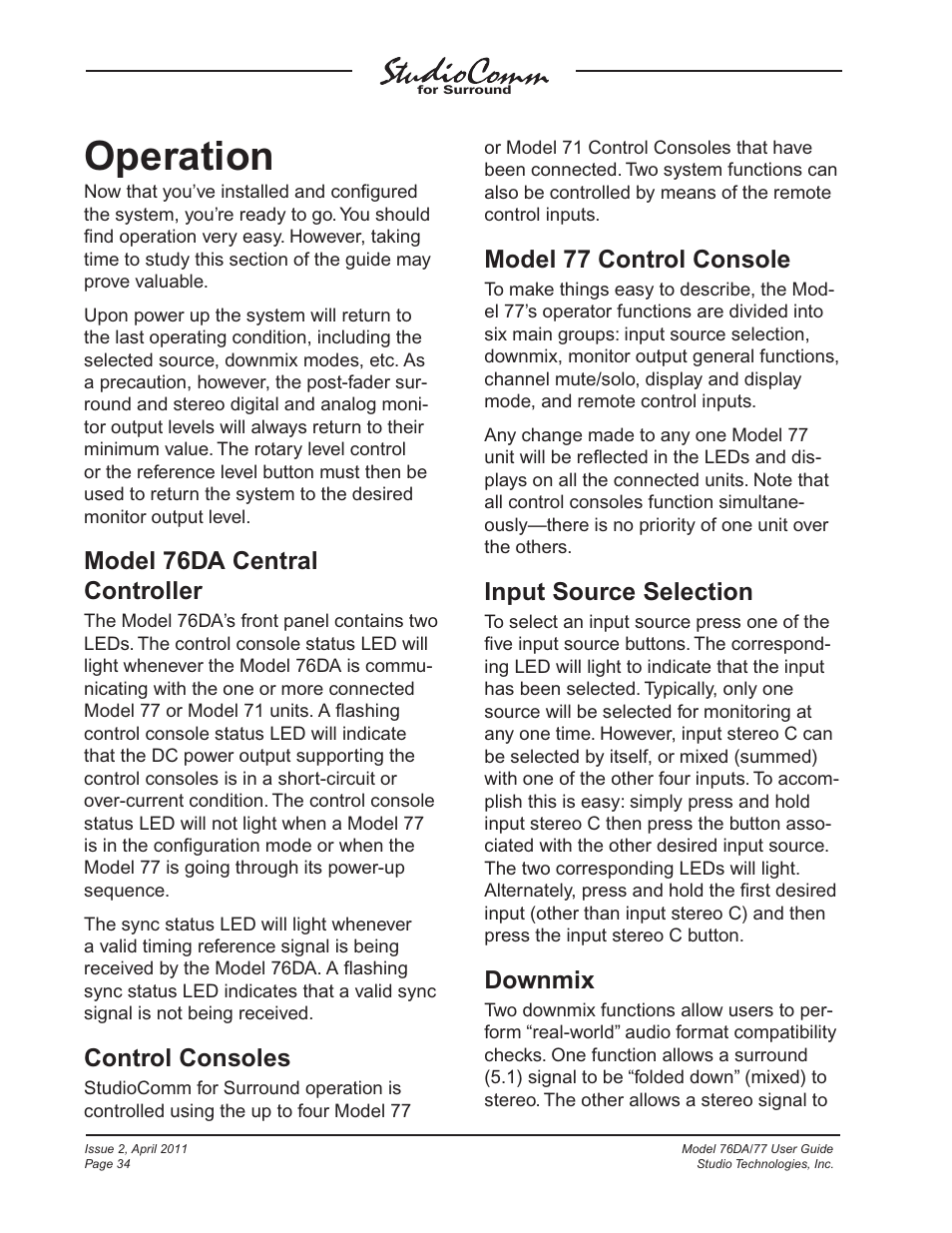 Operation, Model 76da central controller, Control consoles | Model 77 control console, Input source selection, Downmix | Studio Technologies 76DA V.3.01 User Manual | Page 34 / 47