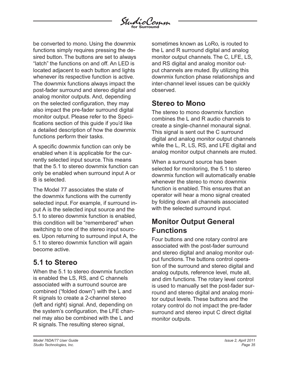 1 to stereo, Stereo to mono, Monitor output general functions | Studio Technologies 76DA V.3.01 User Manual | Page 35 / 47