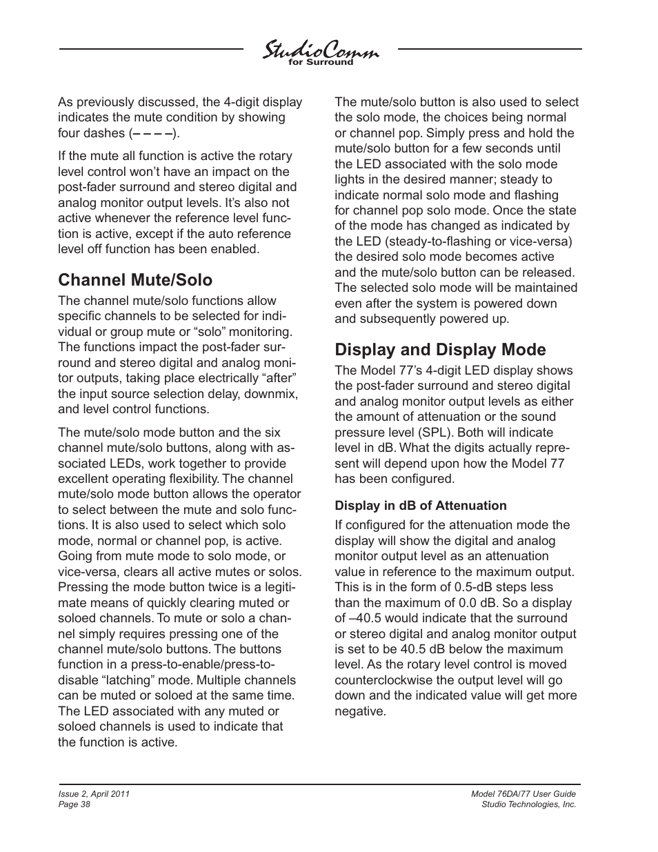 Channel mute/solo, Display and display mode | Studio Technologies 76DA V.3.01 User Manual | Page 38 / 47