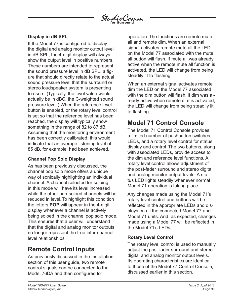 Remote control inputs, Model 71 control console | Studio Technologies 76DA V.3.01 User Manual | Page 39 / 47