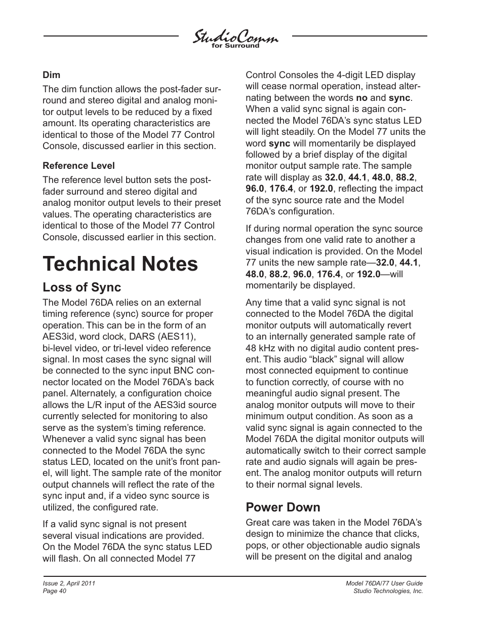 Technical notes, Loss of sync, Power down | Studio Technologies 76DA V.3.01 User Manual | Page 40 / 47