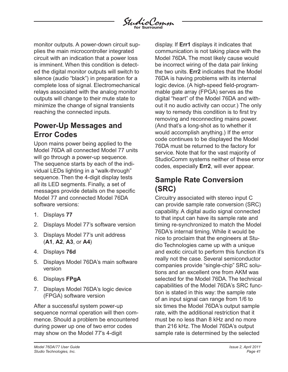 Power-up messages and error codes, Sample rate conversion (src) | Studio Technologies 76DA V.3.01 User Manual | Page 41 / 47