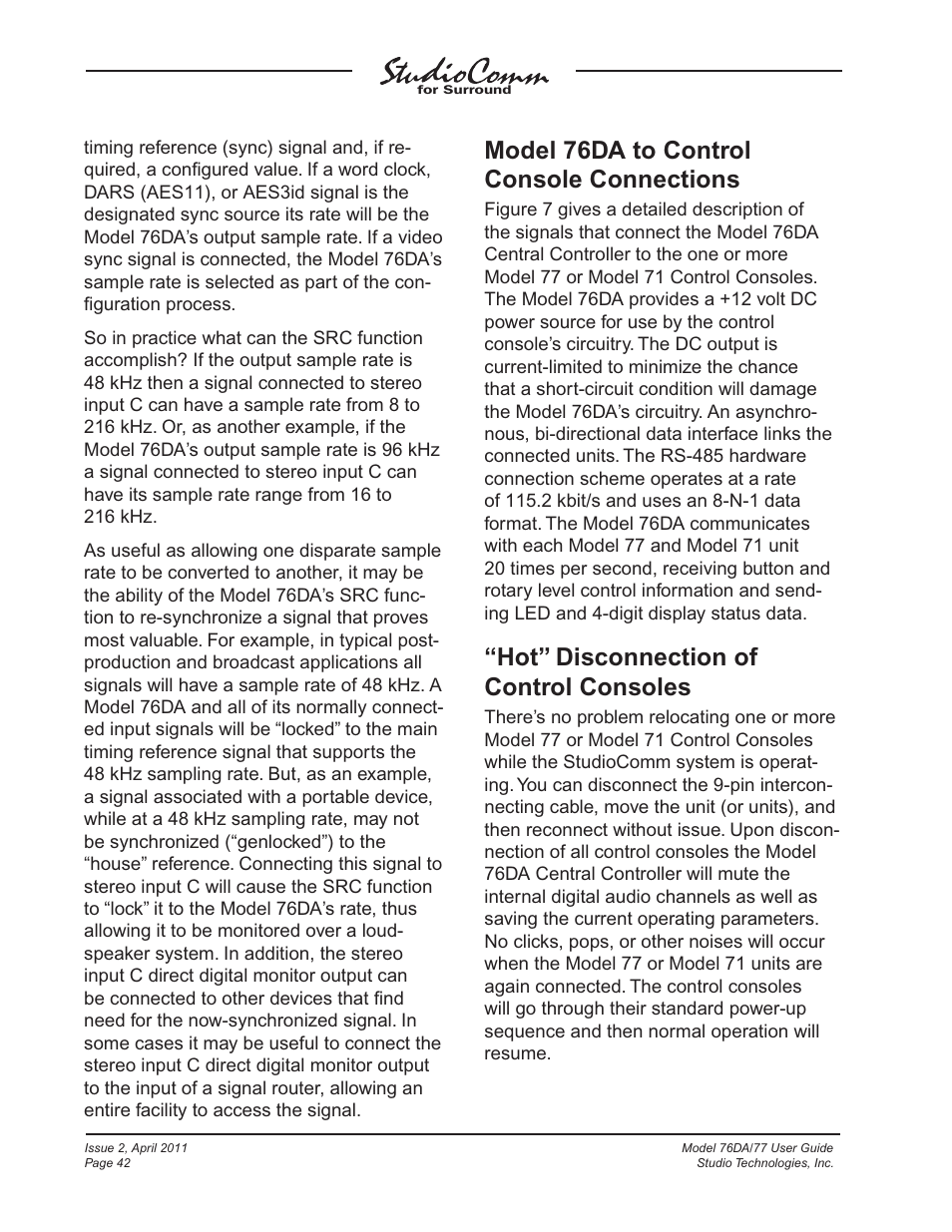 Model 76da to control console connections, Hot” disconnection of control consoles | Studio Technologies 76DA V.3.01 User Manual | Page 42 / 47
