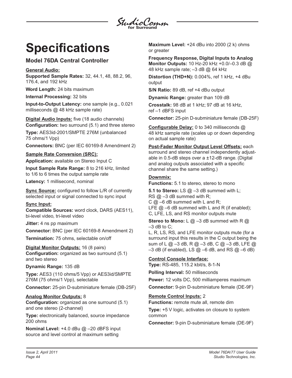 Specifications, Speciﬁcations | Studio Technologies 76DA V.3.01 User Manual | Page 44 / 47