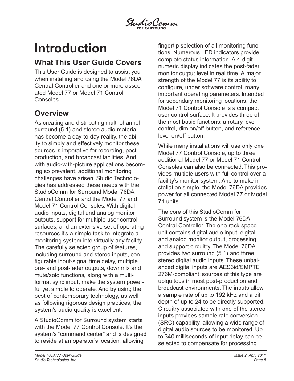 Introduction, What this user guide covers, Overview | Studio Technologies 76DA V.3.01 User Manual | Page 5 / 47