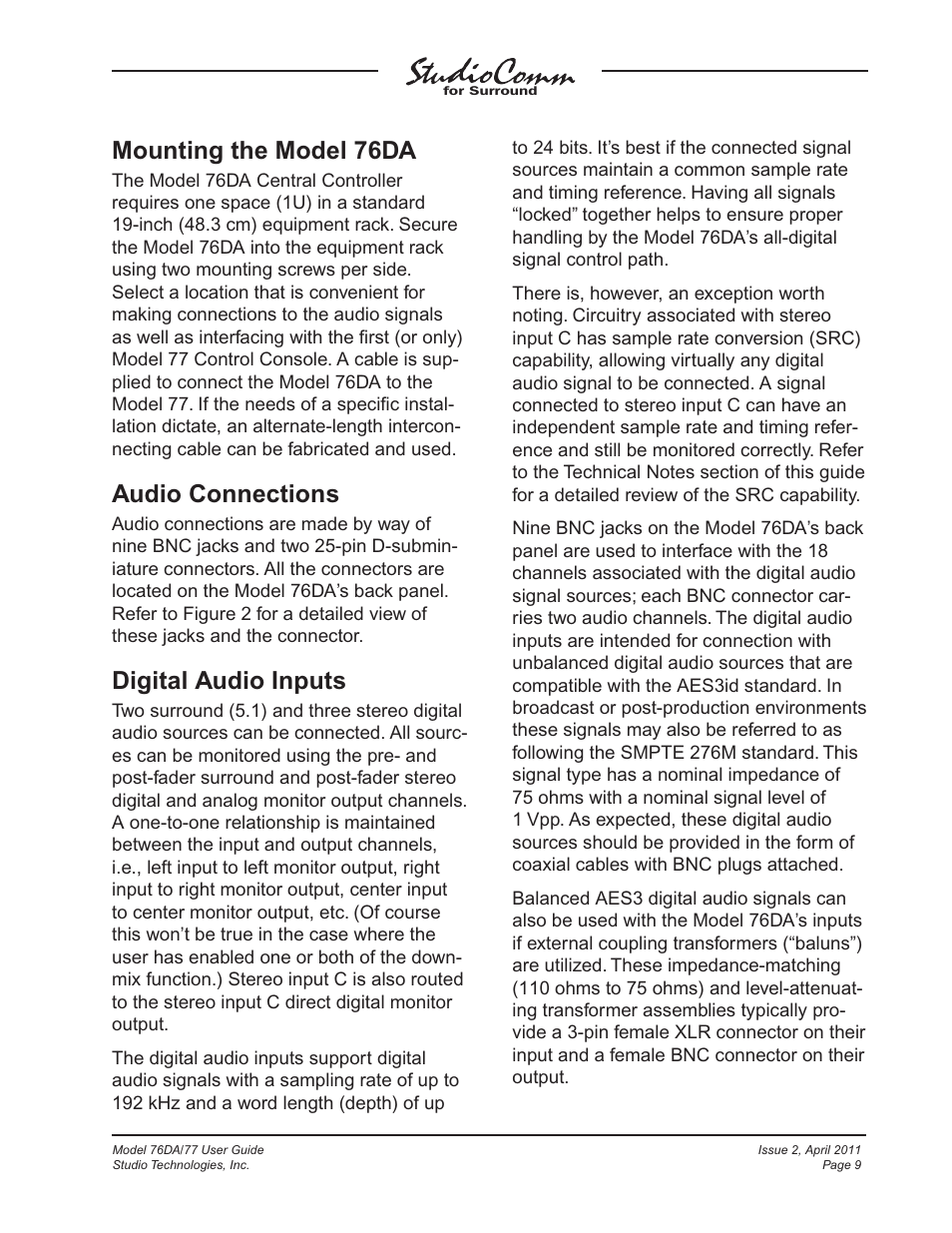 Mounting the model 76da, Audio connections, Digital audio inputs | Studio Technologies 76DA V.3.01 User Manual | Page 9 / 47