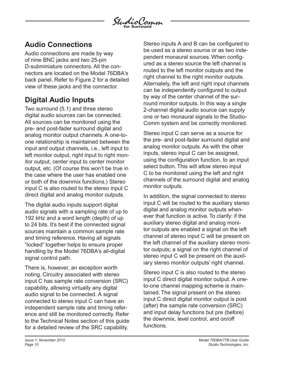 Audio connections, Digital audio inputs | Studio Technologies 76DBA V.3.00 User Manual | Page 10 / 53