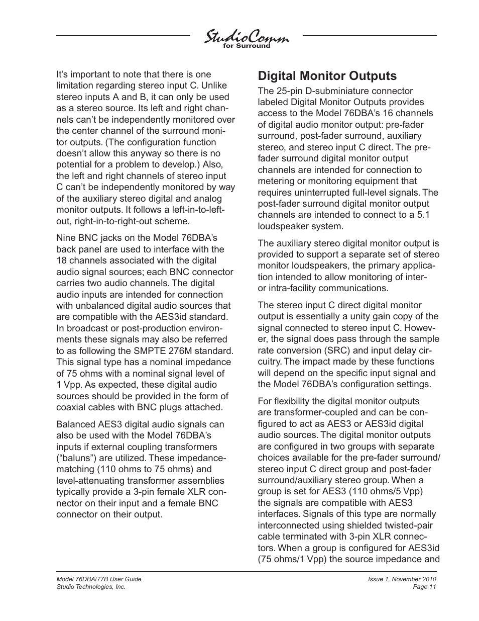 Digital monitor outputs | Studio Technologies 76DBA V.3.00 User Manual | Page 11 / 53