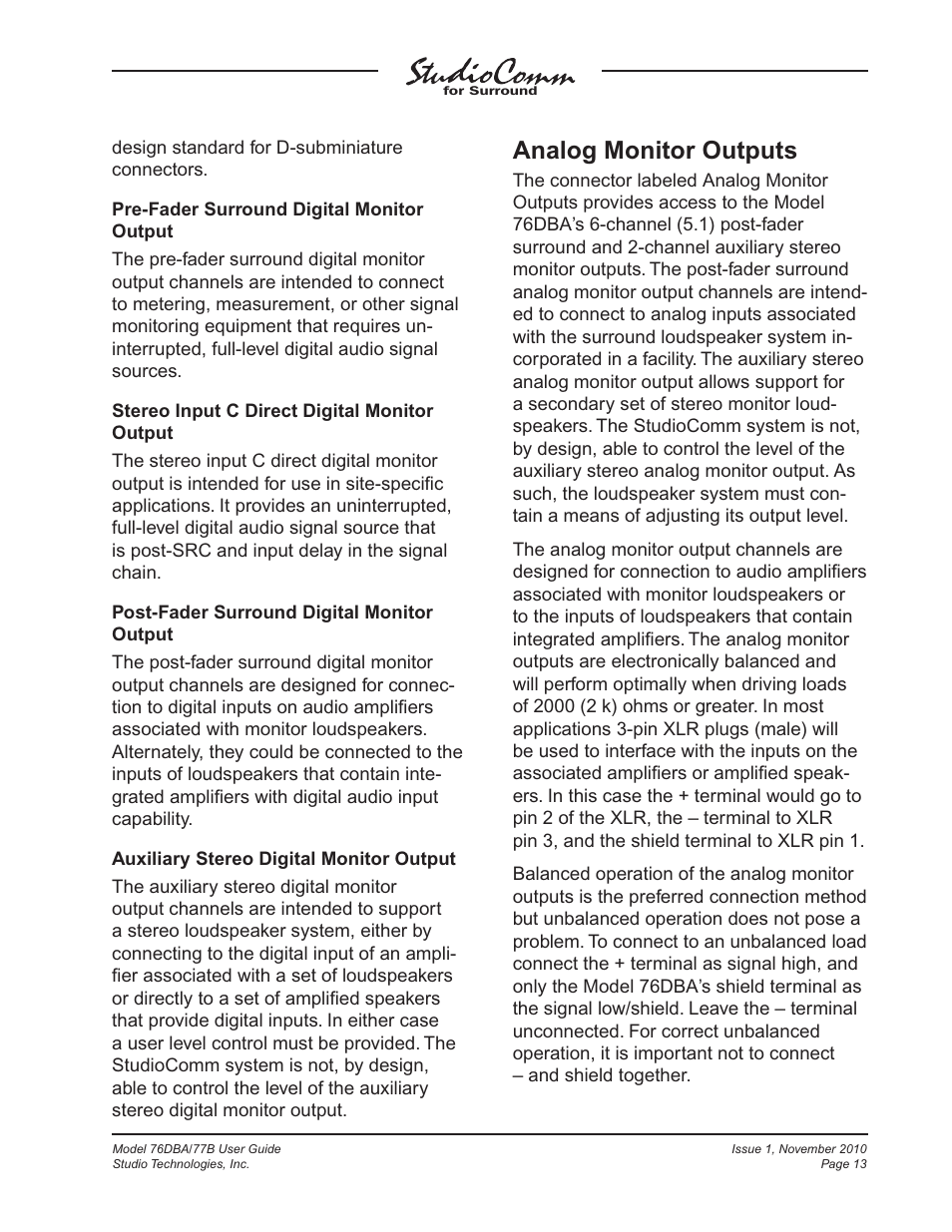Analog monitor outputs | Studio Technologies 76DBA V.3.00 User Manual | Page 13 / 53