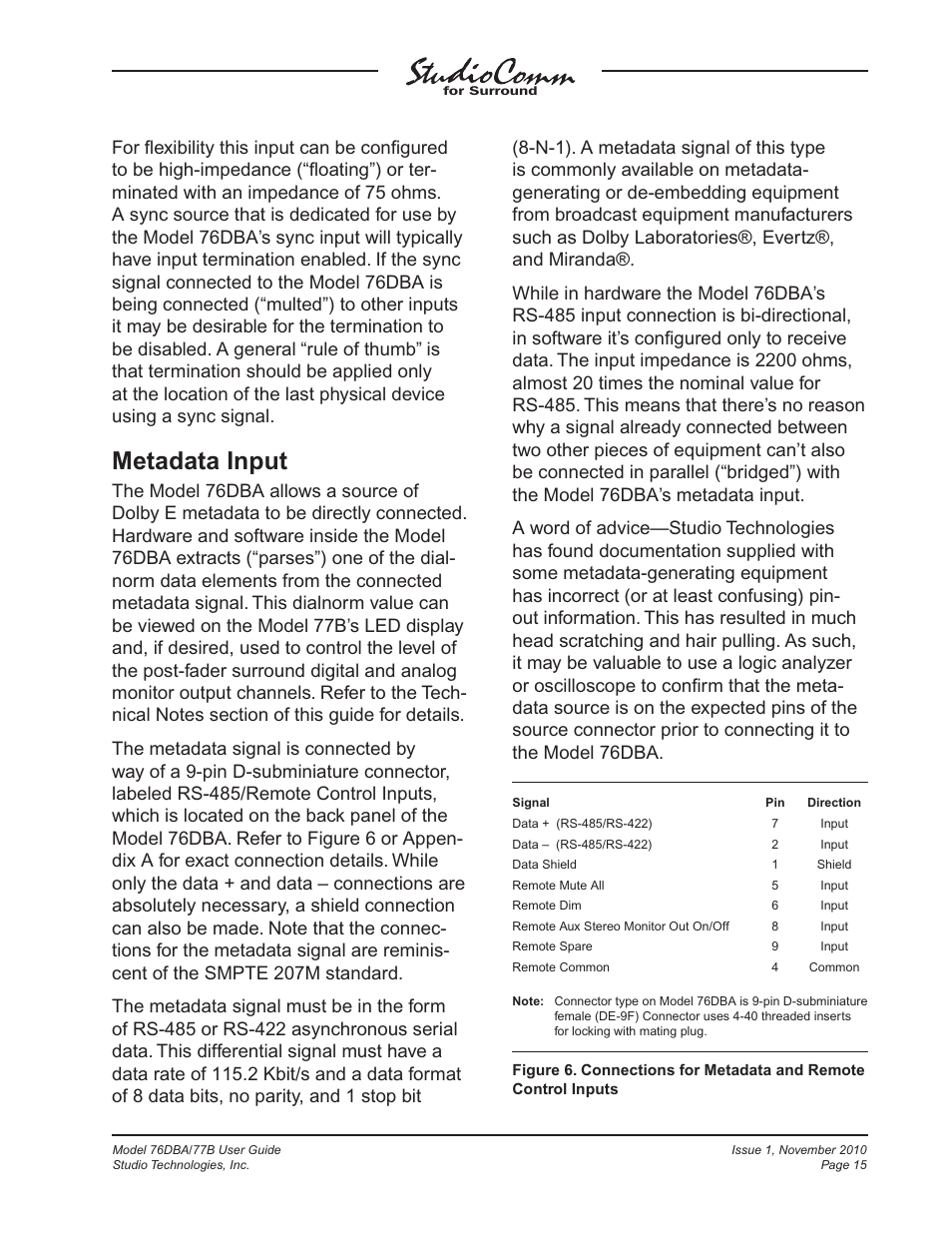 Metadata input | Studio Technologies 76DBA V.3.00 User Manual | Page 15 / 53