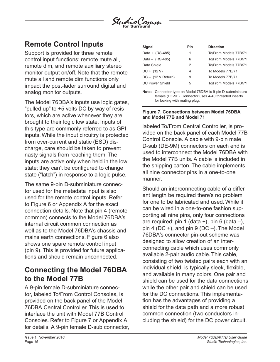 Remote control inputs, Connecting the model 76dba to the model 77b | Studio Technologies 76DBA V.3.00 User Manual | Page 16 / 53