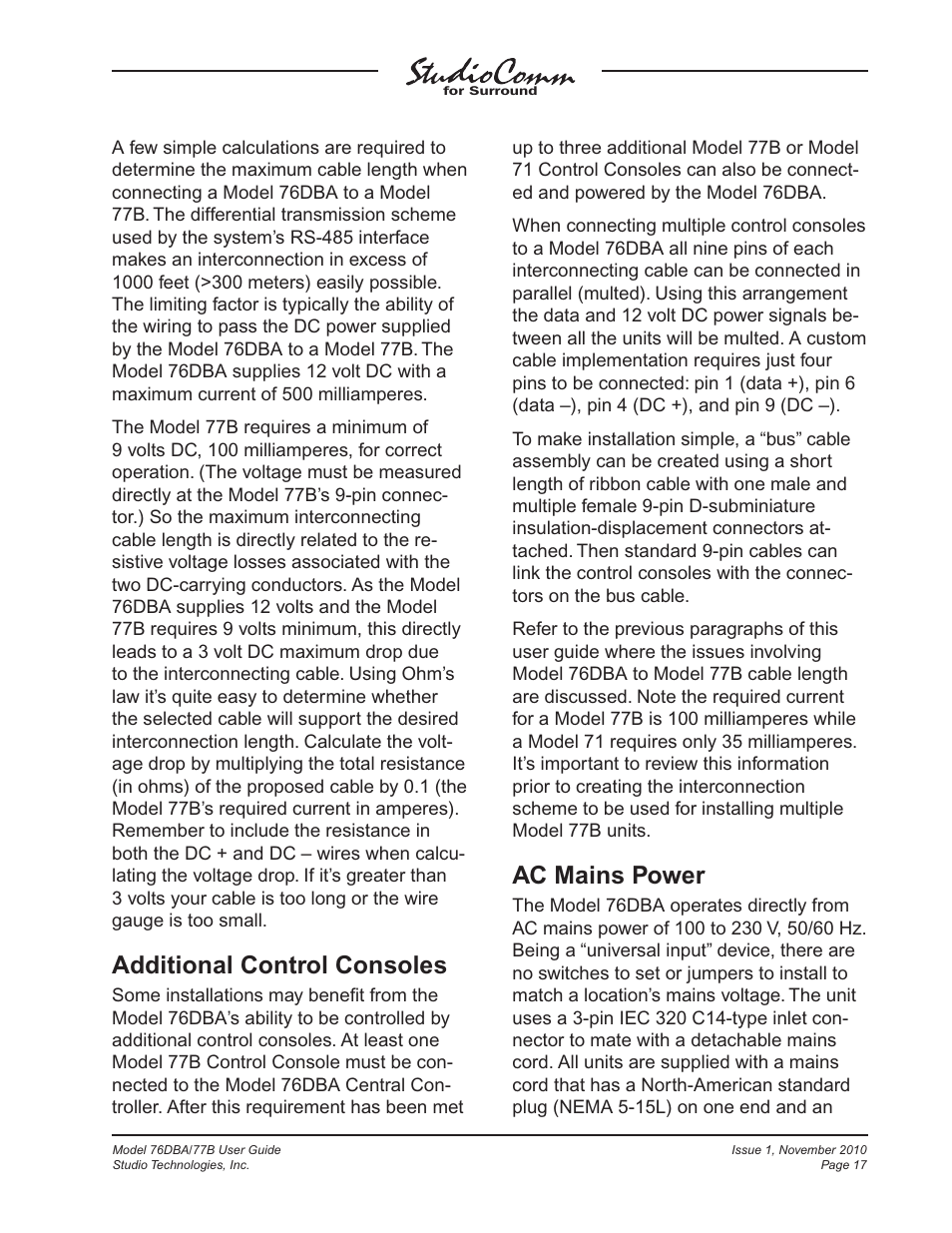 Additional control consoles, Ac mains power | Studio Technologies 76DBA V.3.00 User Manual | Page 17 / 53
