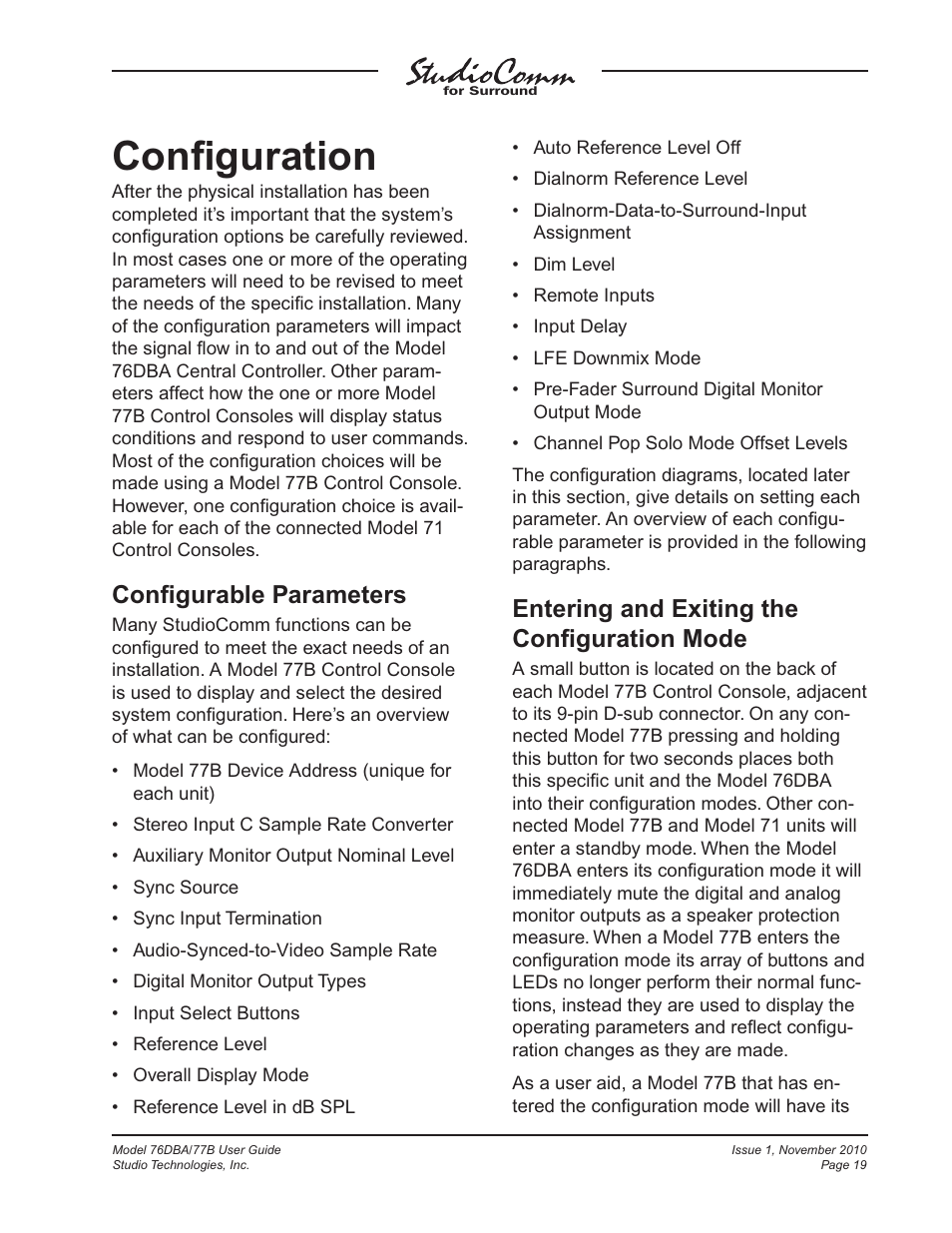 Configuration, Conﬁguration, Conﬁgurable parameters | Entering and exiting the conﬁguration mode | Studio Technologies 76DBA V.3.00 User Manual | Page 19 / 53