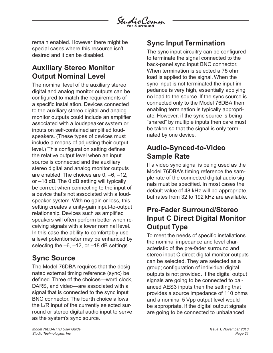 Auxiliary stereo monitor output nominal level, Sync source, Sync input termination | Audio-synced-to-video sample rate | Studio Technologies 76DBA V.3.00 User Manual | Page 21 / 53