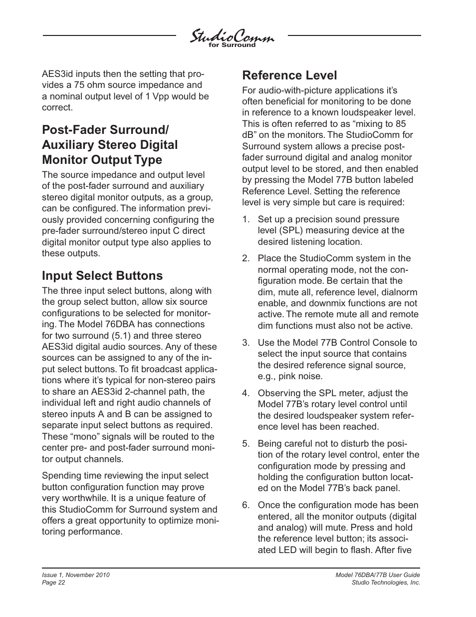 Input select buttons, Reference level | Studio Technologies 76DBA V.3.00 User Manual | Page 22 / 53