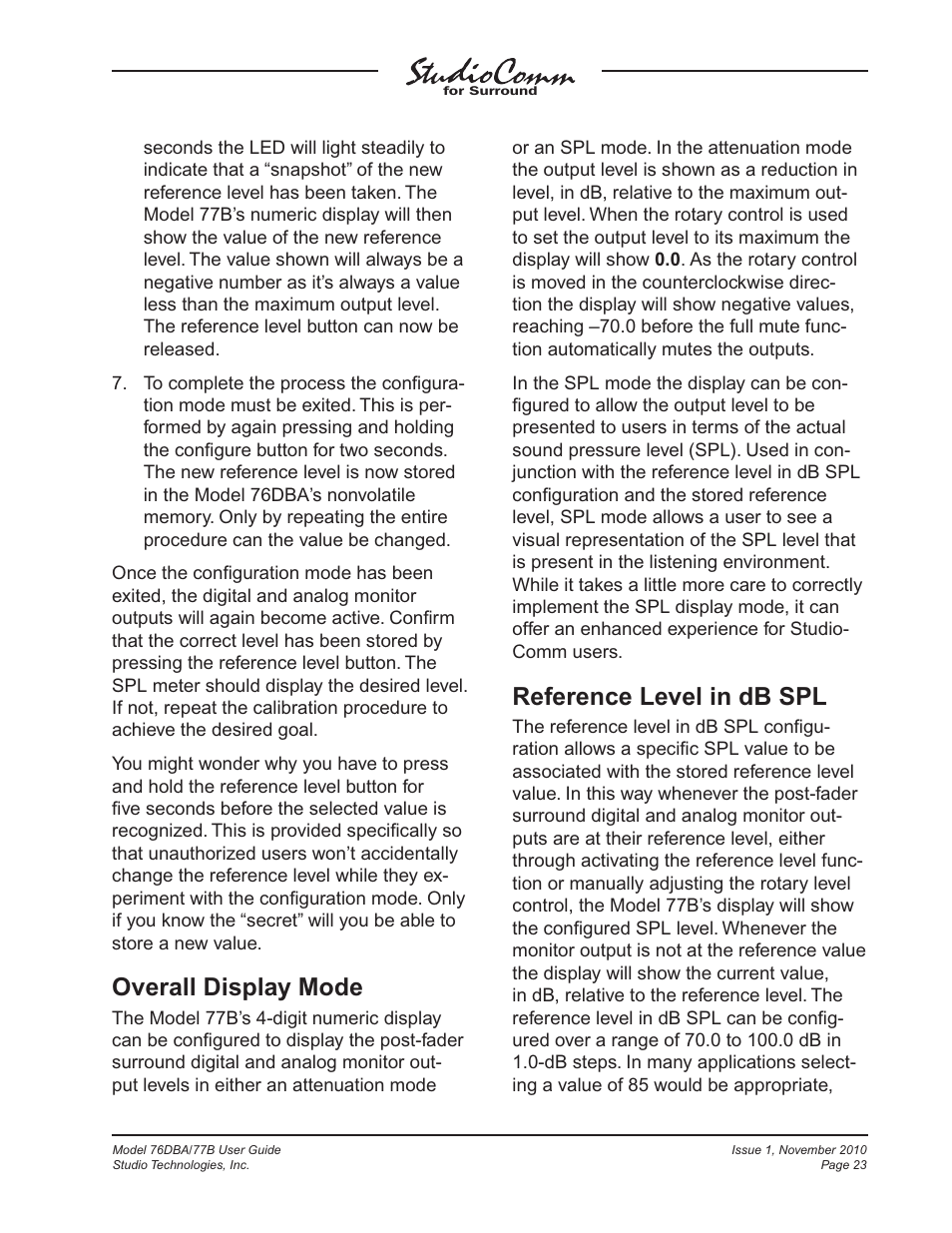 Overall display mode, Reference level in db spl | Studio Technologies 76DBA V.3.00 User Manual | Page 23 / 53