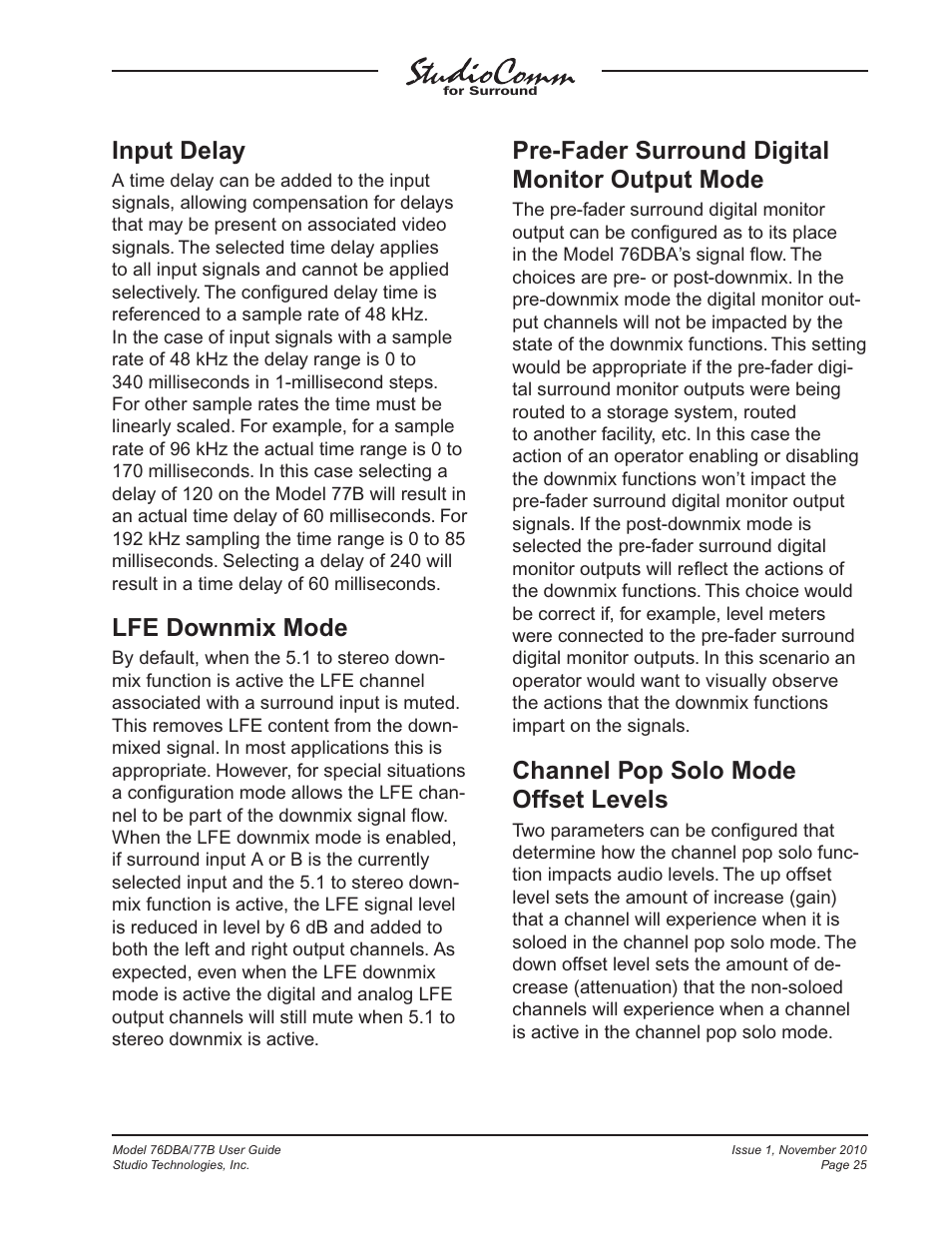 Input delay, Lfe downmix mode, Pre-fader surround digital monitor output mode | Channel pop solo mode offset levels | Studio Technologies 76DBA V.3.00 User Manual | Page 25 / 53