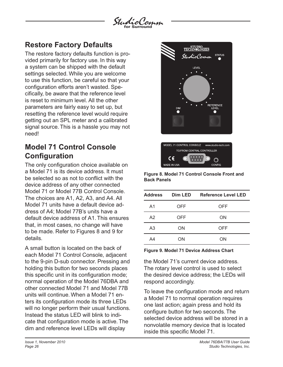 Restore factory defaults, Model 71 control console conﬁguration | Studio Technologies 76DBA V.3.00 User Manual | Page 26 / 53
