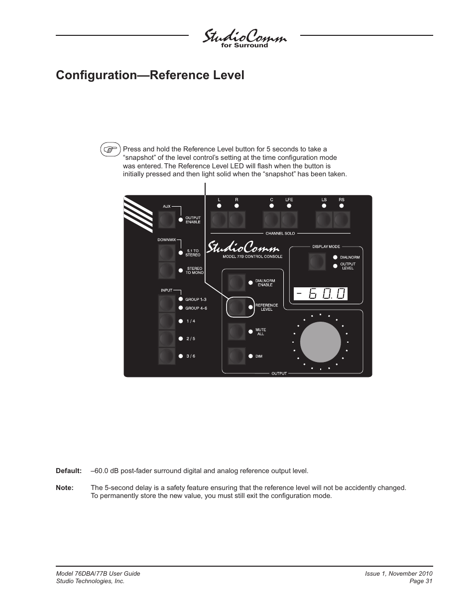 Conﬁguration—reference level | Studio Technologies 76DBA V.3.00 User Manual | Page 31 / 53